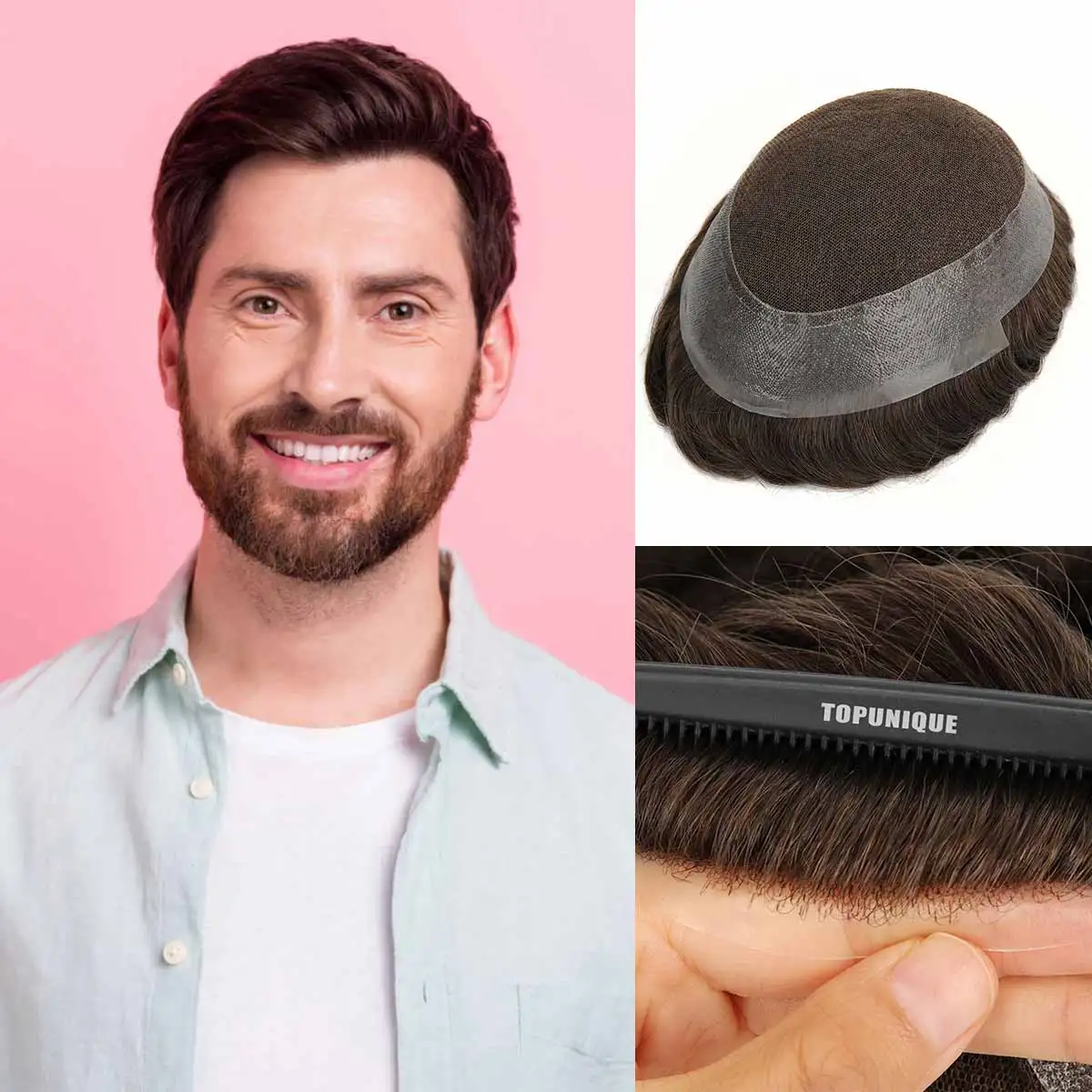 

TUL06 Premium Hybrid Hair System French Lace Wig with PU Indian Remy Human Hair Toupee Easy Maintainance and Great Breathability