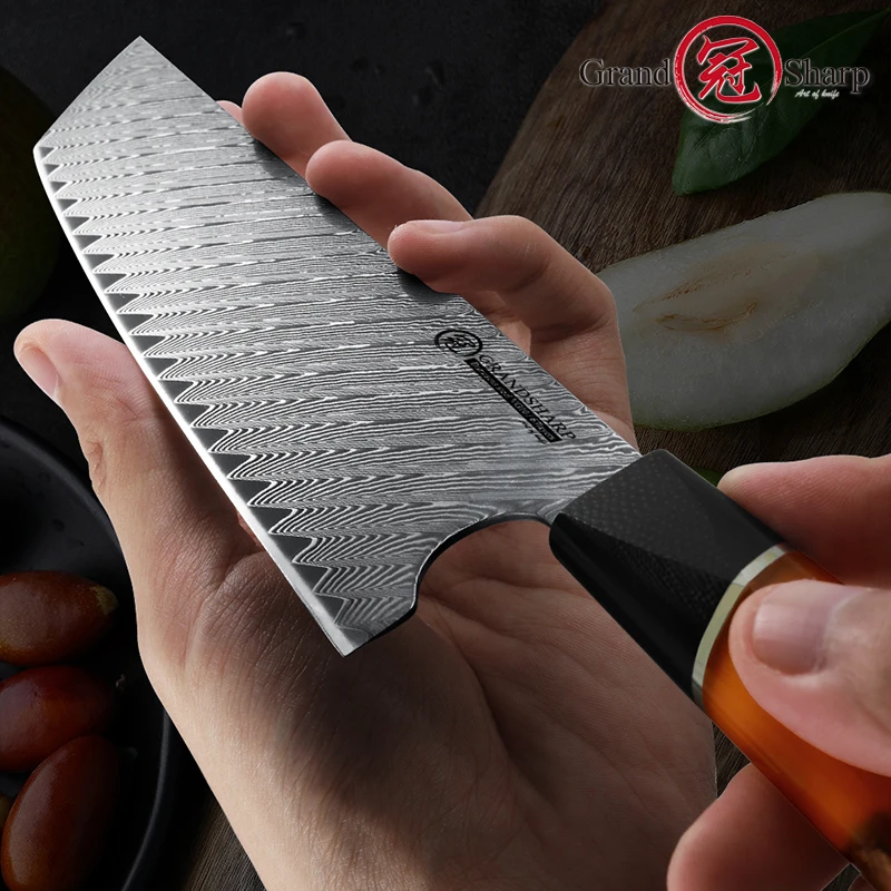 Imagem -06 - Grandsharp-facas de Cozinha em Aço Damasco Faca Nakiri Japonesa Cutelo Vegetal Ferramentas do Chef Cabo Laranja e Roxo Novo e Premium