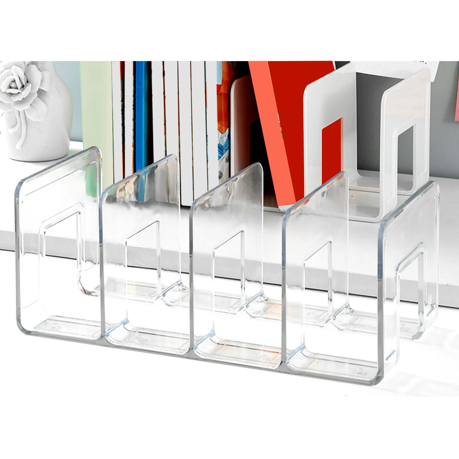 Acrylic Bookends Book Stand Four Section File Classification Bookshelf Dividers Handbag Storage Rack for Bookshelf Magazines