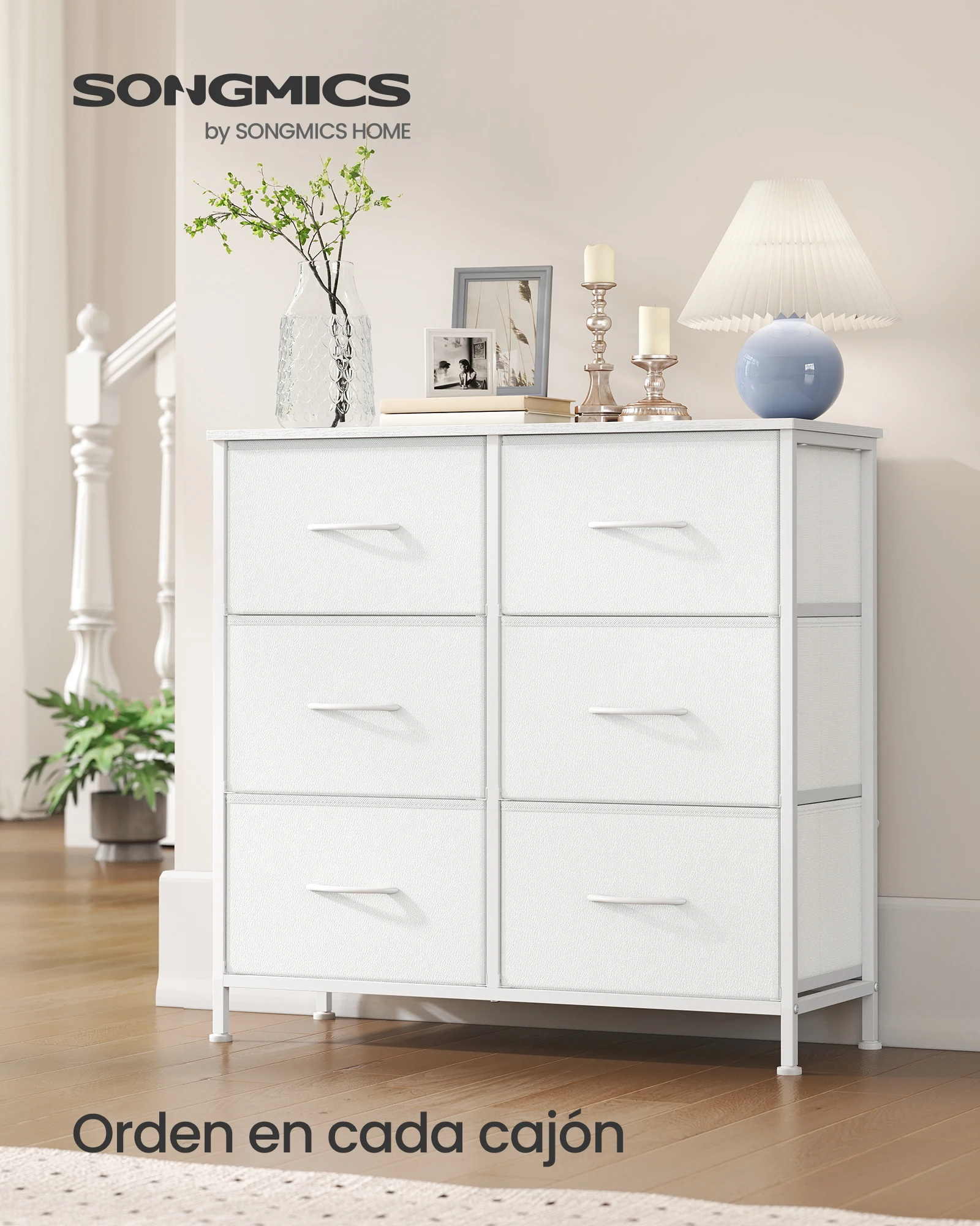 SONGMICS Cómoda, 6 Cajones de Tela, Acero, MDF, Tela no Tejida, para Dormitorio, Armario, Pasillo, Salón, Blanco Nube y Blanco Nieve