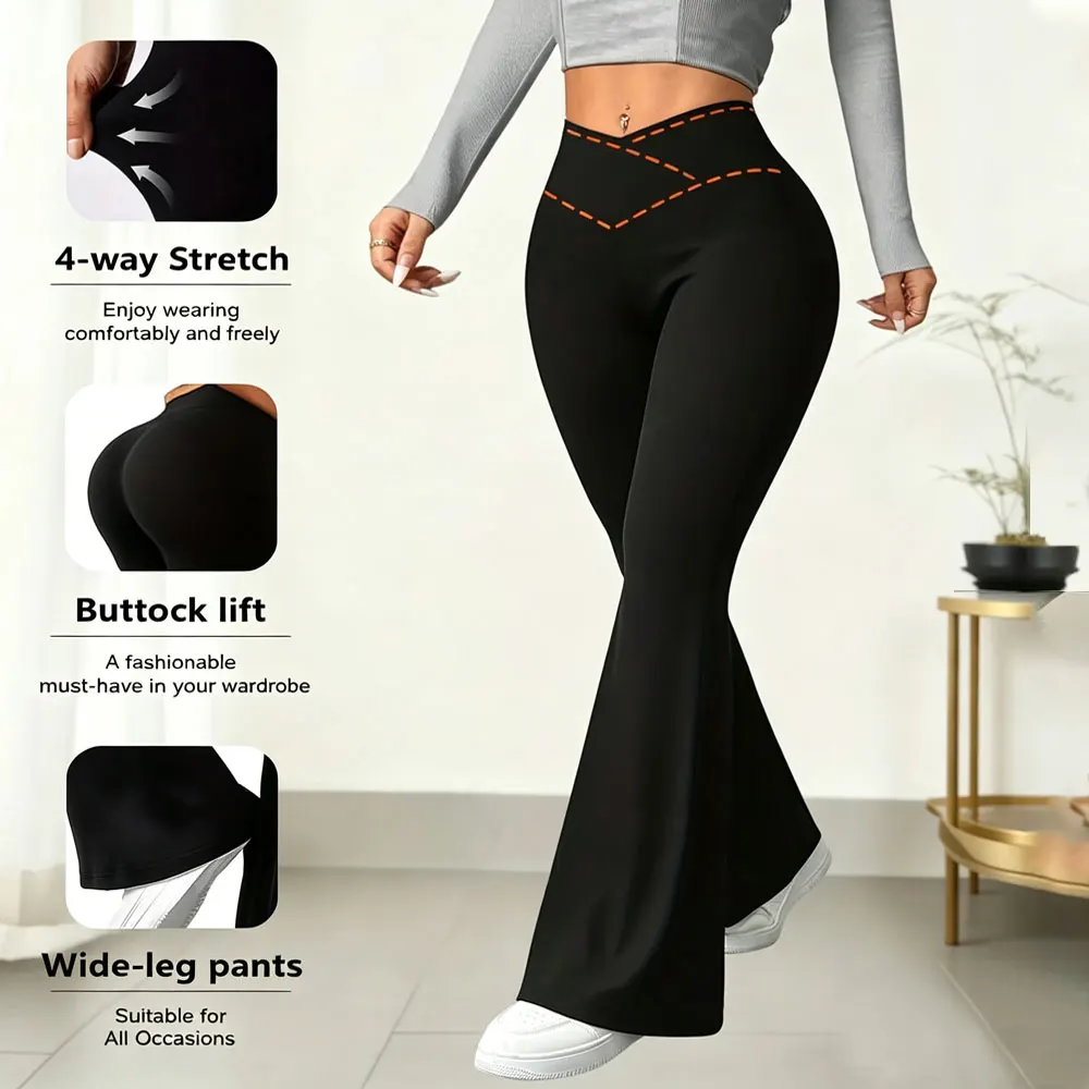 

2026 Womens Elegant High Waist Cross V Waist Flared Leggings Tummy Control Body Shaping Wide Leg Casual Pants For Slim Figures