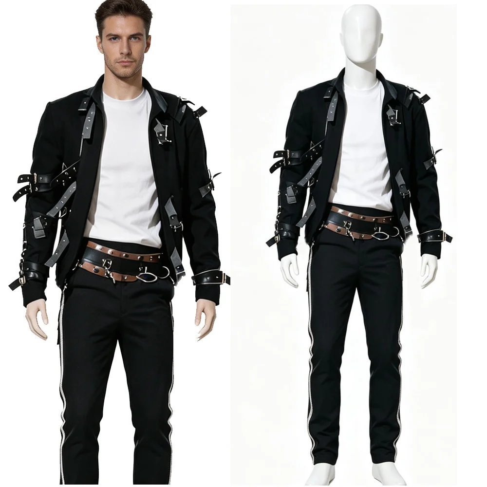 Michael Cosplay Jackson BAD Punk Costume Role-player Jacket Pants Tops Black Outwear Men Roleplay Full Set Halloween Suits