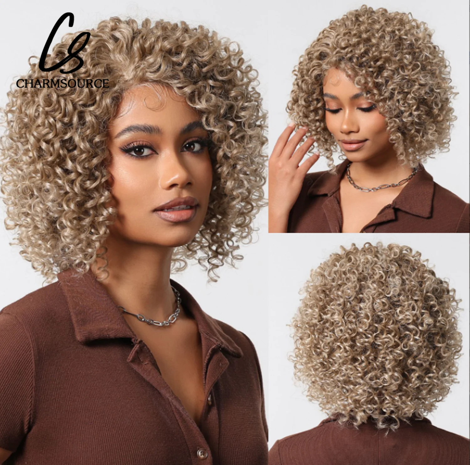 

CharmSource 13x1 Lace Front Wig Brown Blonde Short Deep Curly Wigs for Black Women Hair Daily Party High Density Heat Resistant
