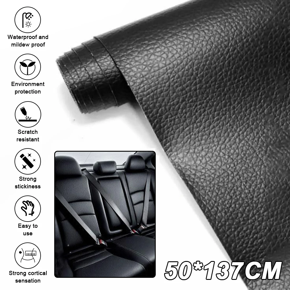Patch de réparation en cuir PU auto-adhésif, 50x137cm noir, imperméable et résistant aux rayures, forte adhérence, pour meubles, sièges de voiture