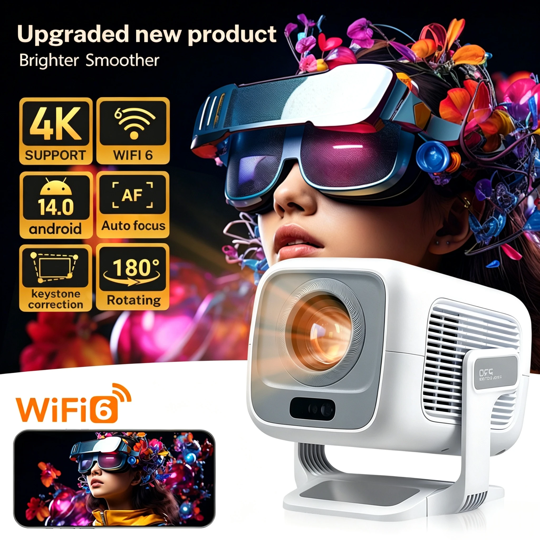 Mini Projector X3AR Android 14 Full HD 1080P Support 4K, 5G WiFi 6 Bluetooth 5.4, Smart Portable Wireless for Outdoor Home