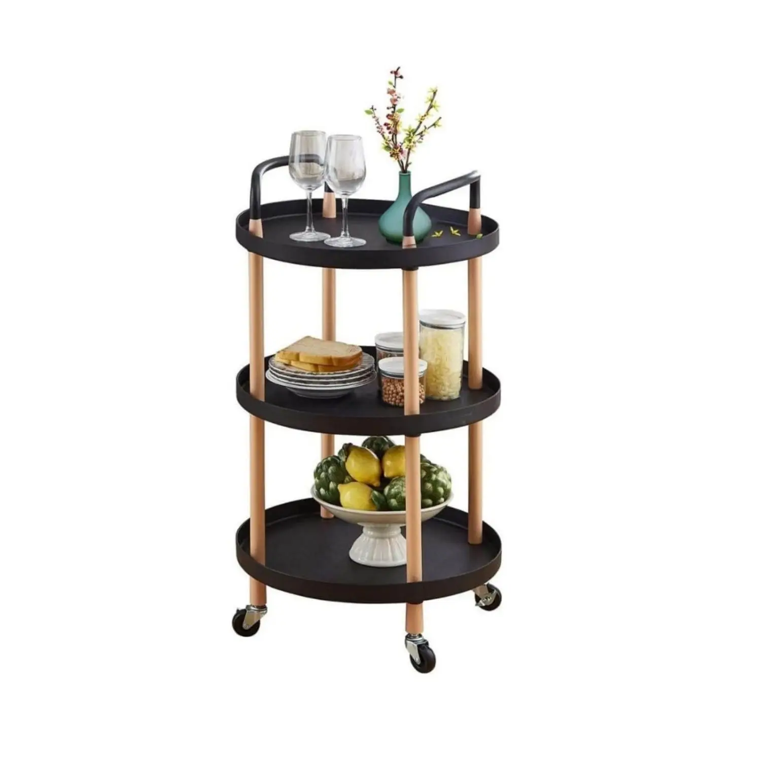 3 Tier Round Rolling Cart : Storage Organizer Cart with Handle and Lockable Wheels Multi-Functional Utility Cart(Black)