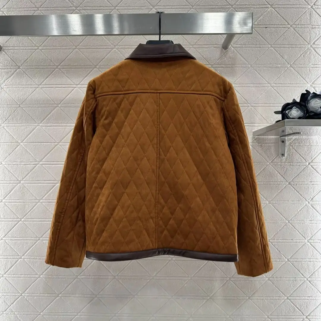 

2025 Women's Autumn and Winter New Contrast Cotton Suede Jacket Zipper Jacket Cut Dark Brown Collar Edge