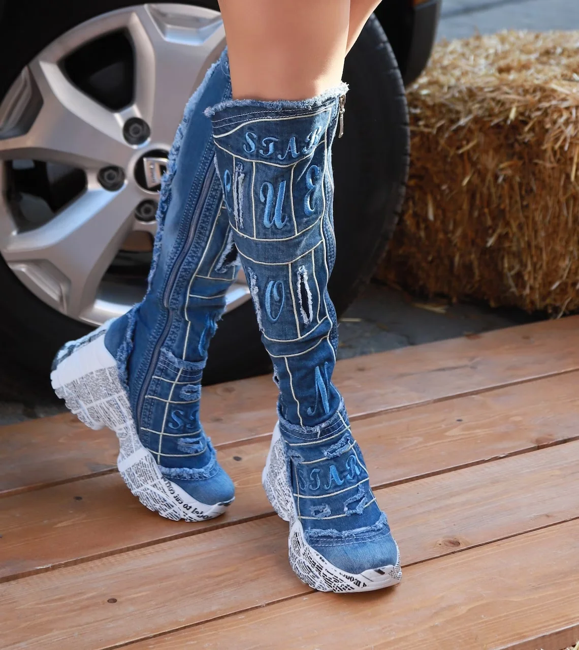 Denim Boot Above Knee Boots  Handcrafted Sexy Design Blue Pattern Embroidered Denim Women\'s Boots / Birthday Present