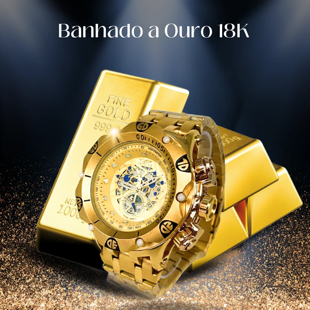 Relógio Invicta Venom Hybrid Skeleton Masculino Dourado Banhado a Ouro 18k A Prova D'água +2 Brindes