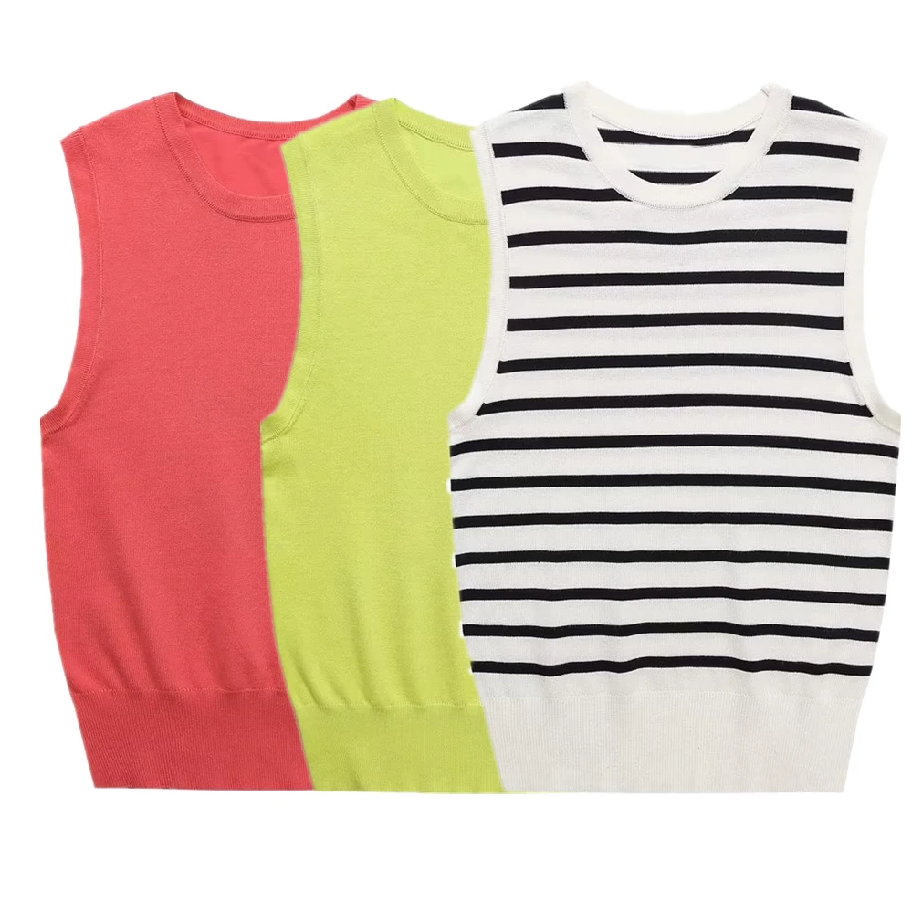 

Maxdutti 2023 Summer Ladies T-Shirt Striped Slim New Knitted Solid Color Fit Sleeveless Camisole Women Tops