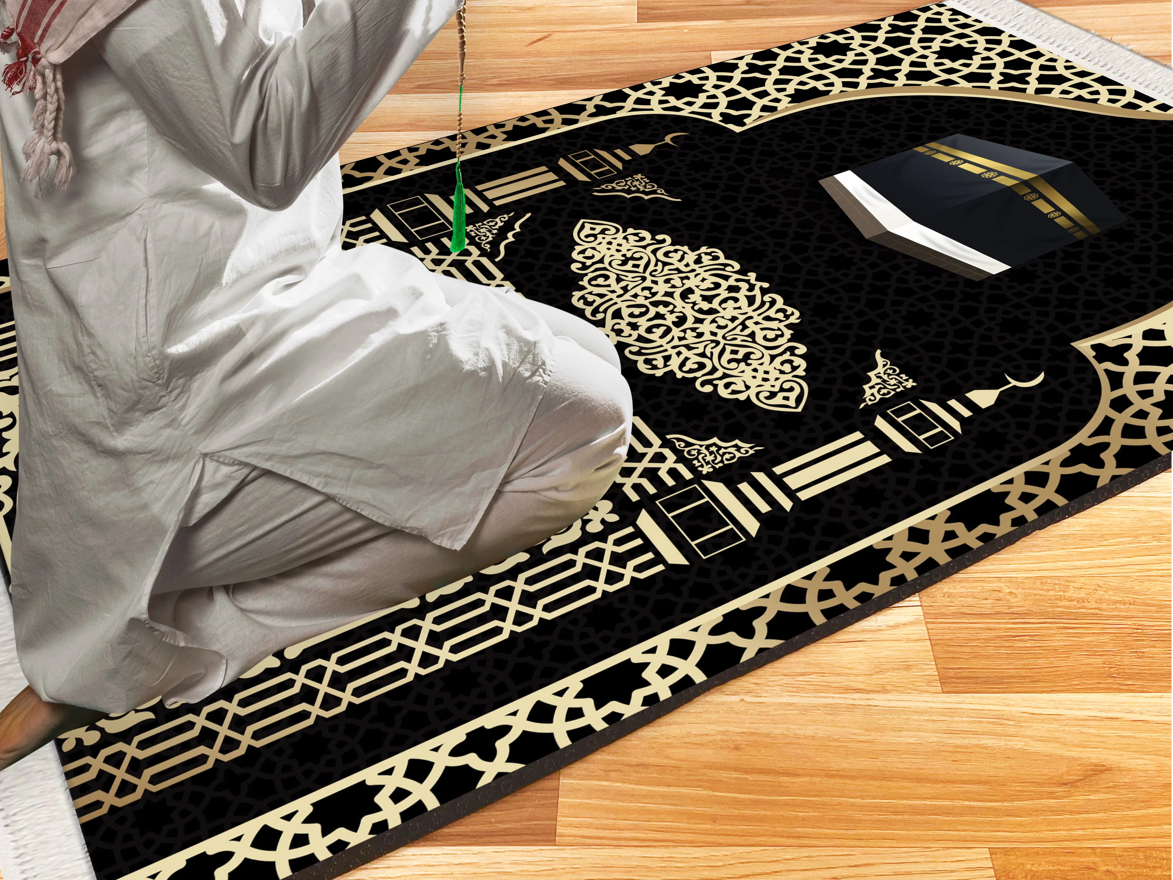 

Extra Thick Foam Padded Turkish Gold Kaaba Prayer Rug, Luxury Yaseen, Soft Praying Mat Carpet & Pearl Tasbeeh, İslamic Gift Set