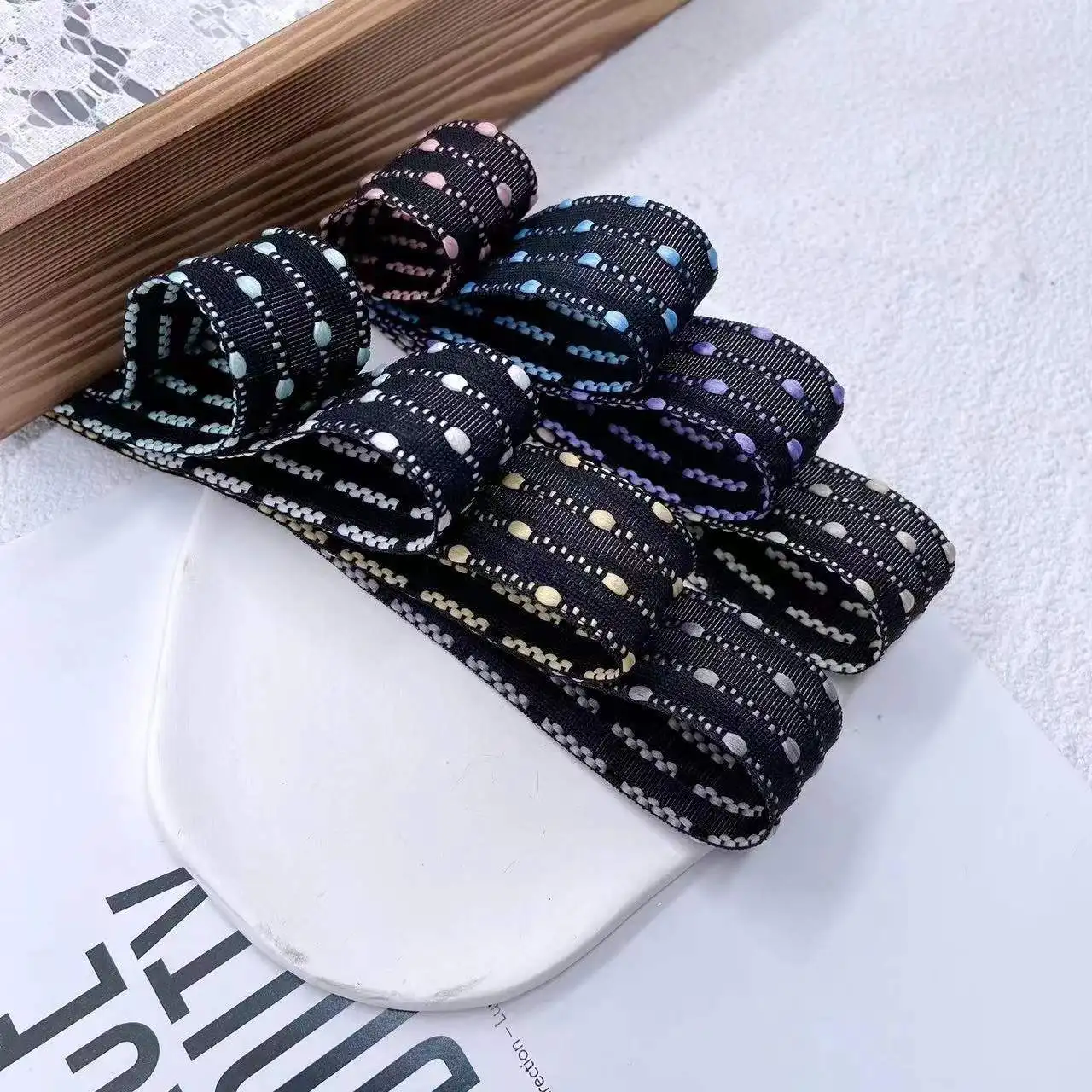 15mm 25mm 38mm Grosgrain Korean Ribbon Material Black Stripe Embroidered Dots Handmade Hair Bows Craft Lolita Twill Trim 50Yards