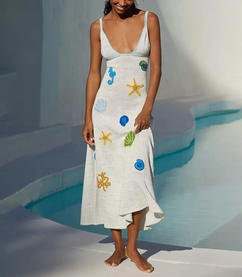 Women's Boho Long Knit Dress Sexy Printed Strap Deep V Backless Crochet Bikini Cover-Up Beachwear Summer Swimwear