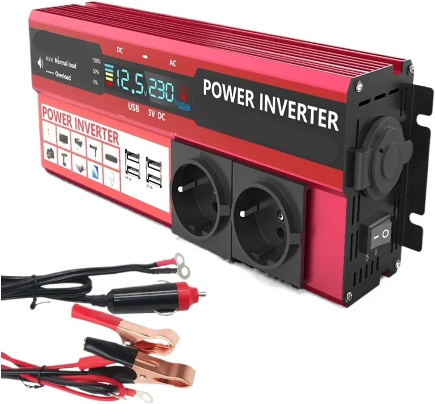 4000W Reiner Sinus-Wechselrichter DC 12V zu AC 220V 230V Transformator mit 4 USB-EU-Steckdosen zum Aufladen mit LED-Anzeige