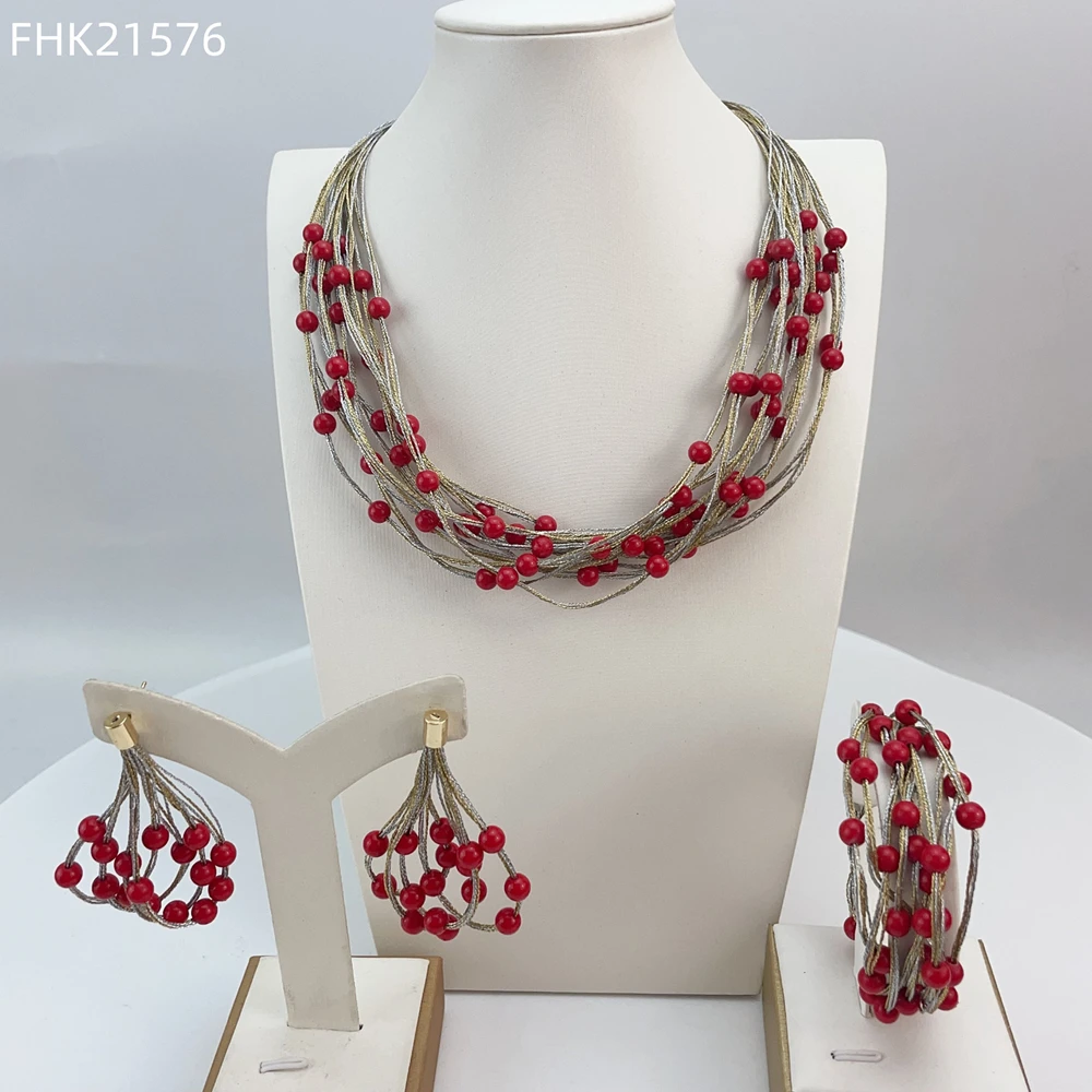 EMMA موضة دبي مطلية بالذهب الخرز القلائد أقراط خواتم مجموعات المجوهرات الجميلة للنساء هدايا مجوهرات الزفاف FHK21576