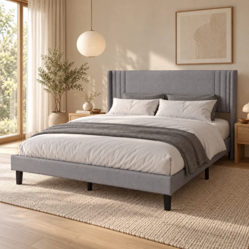 Letto 140/160x200 cm, 90x200 cm, matrimoniale/individuale, per adulti, letto per due persone, letto imbottito, letto imbottito a due posti in lino, grigio, MDF, senza materasso, arredamento moderno