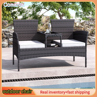 Comanlai Rattan Garden Bench for 2 People,with Integrated Table,Outdoor Double Chair,Ergonomic Backrest,for Balcony,Garden,Black