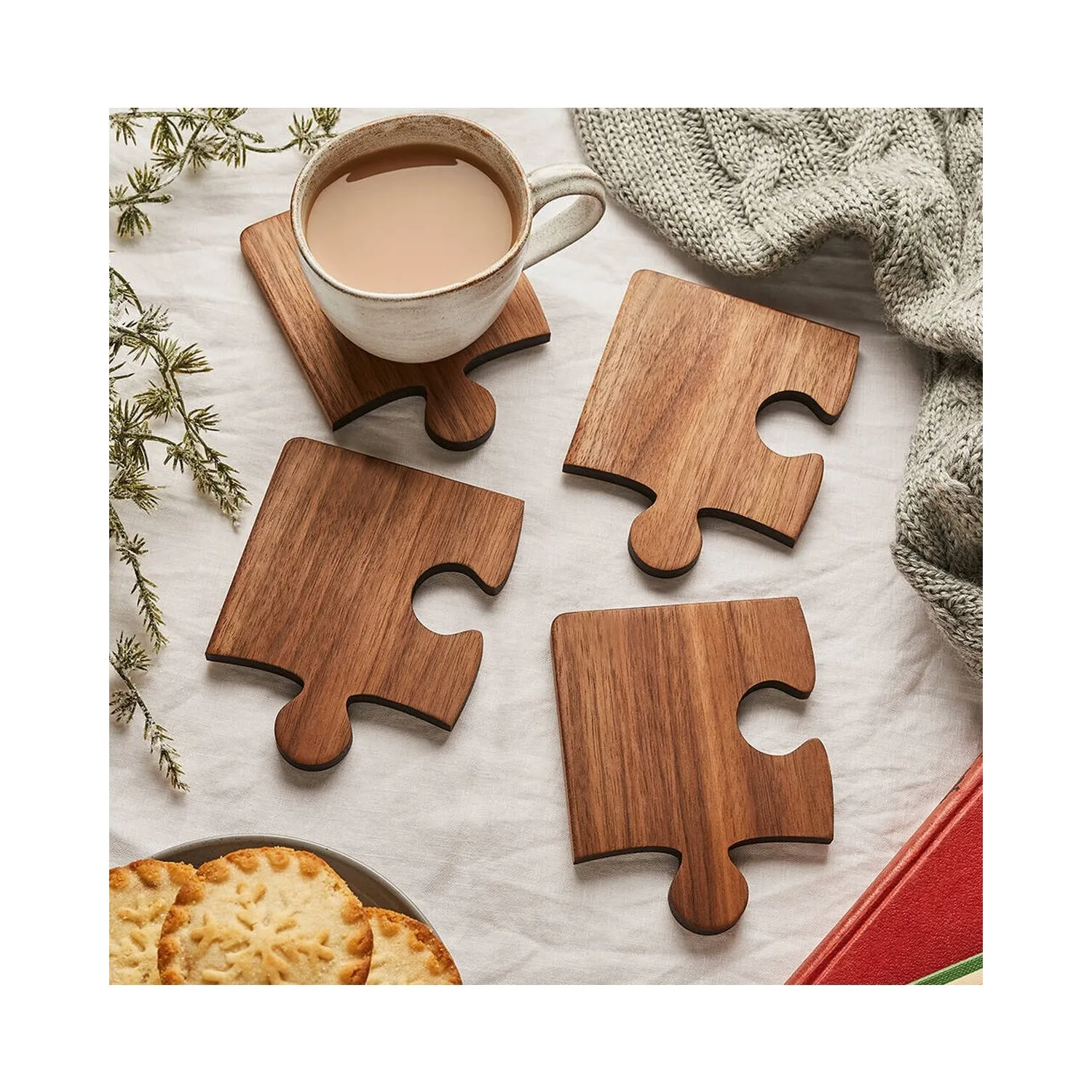 Wooden Patterned Puzzle Mdf Coaster Set of 4 10X10 cm Desktop Decoration Item