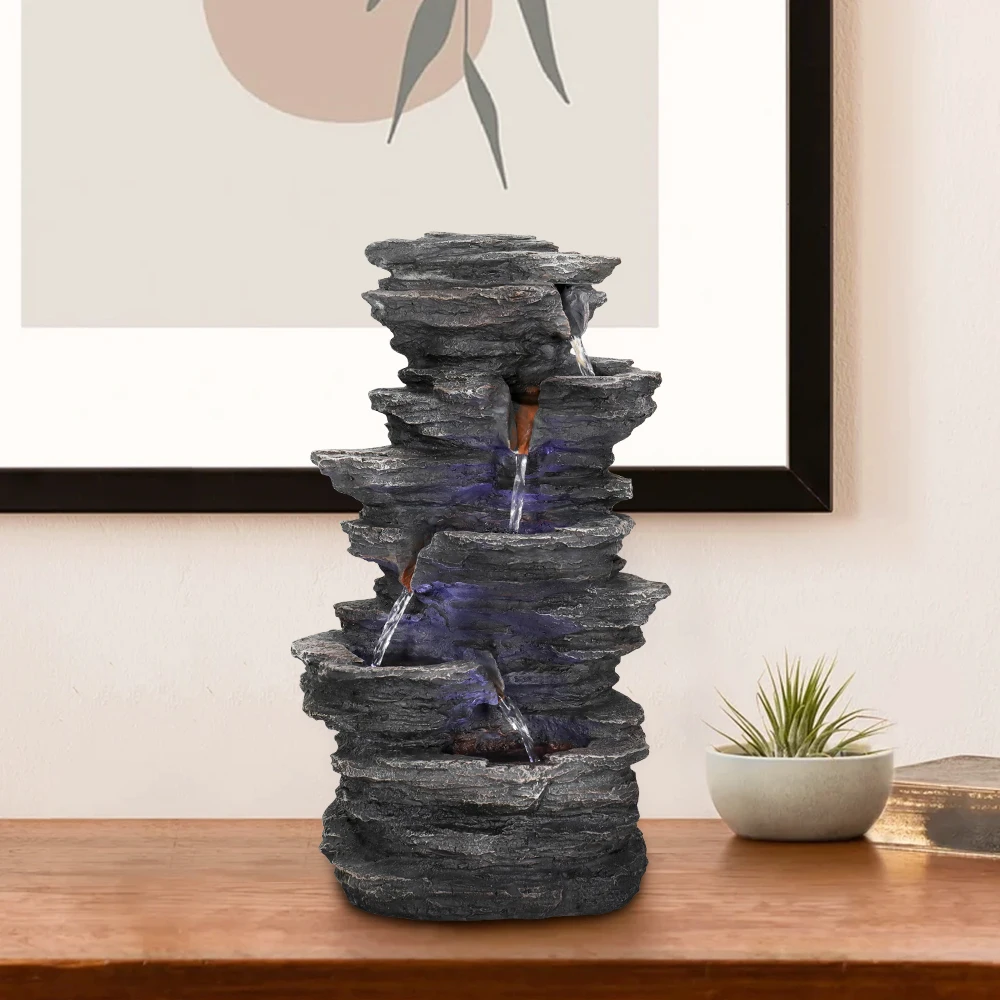 Stacked Rocks 15.7''H Black Resin Tabletop Fountain with LED Lights Zen Meditation Indoor Waterfall for Home Office Bedroomdecor