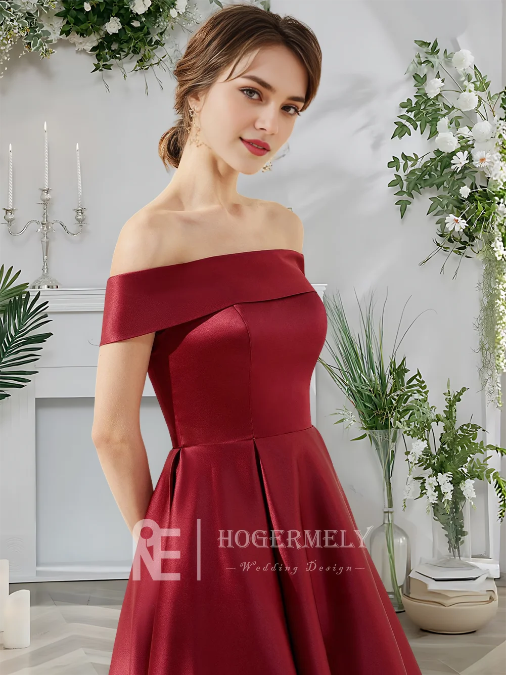 Vestidos de Cóctel elegantes color Burdeos para mujer, vestido de fiesta de satén con hombros descubiertos, corte en A, dobladillo asimétrico, vestido de fiesta para invitados, 2025
