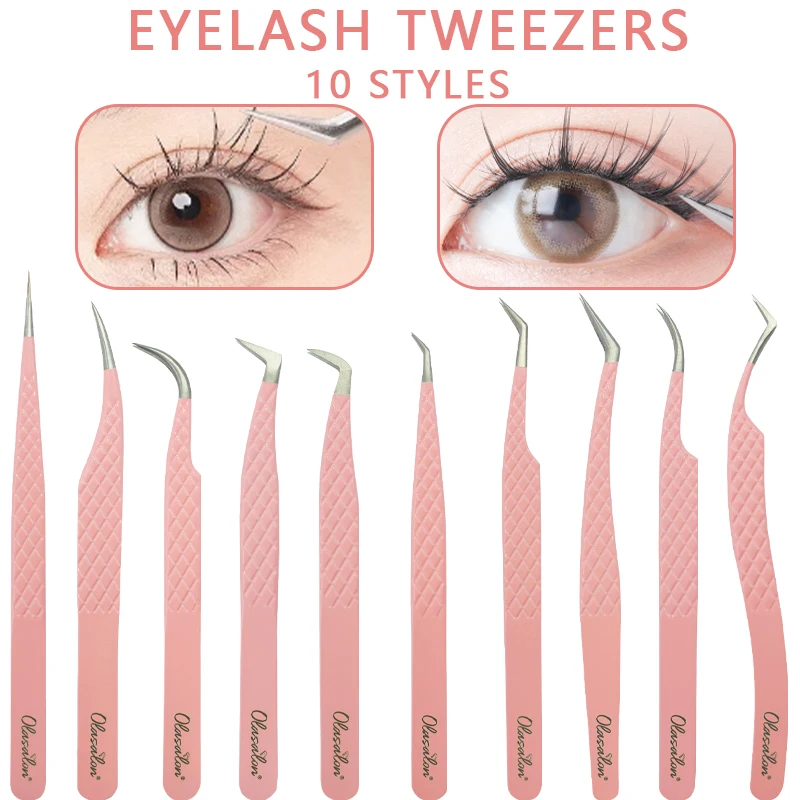 ステンレス鋼ストレートカーブピンセットピンクつけまつげエクステンションメイクアップツール、3Dまつげ精密クリップ