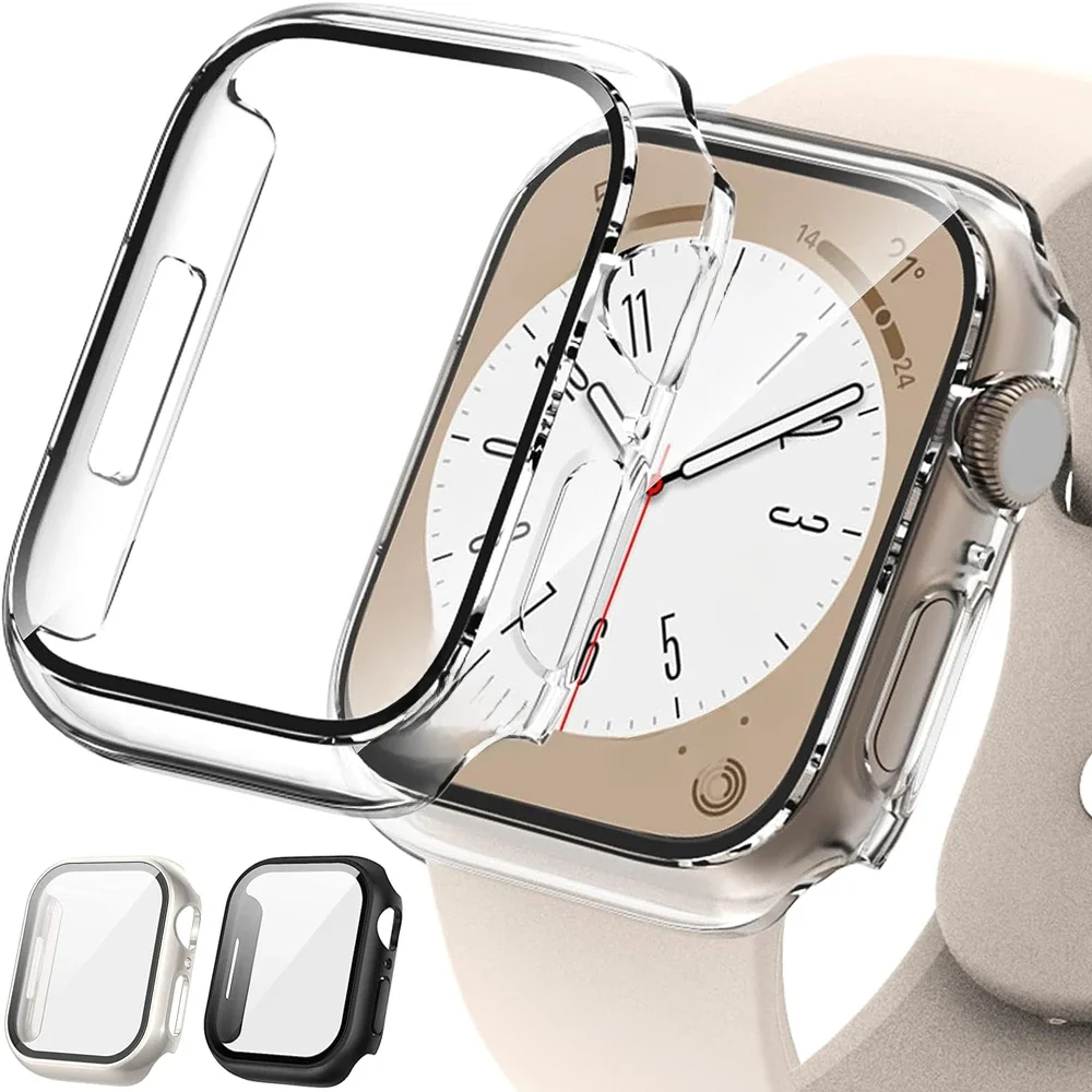 Vidro temperado + capa para apple watch 9 8 7 41mm 45mm 42mm 38mm pc protetor de tela pára-choques