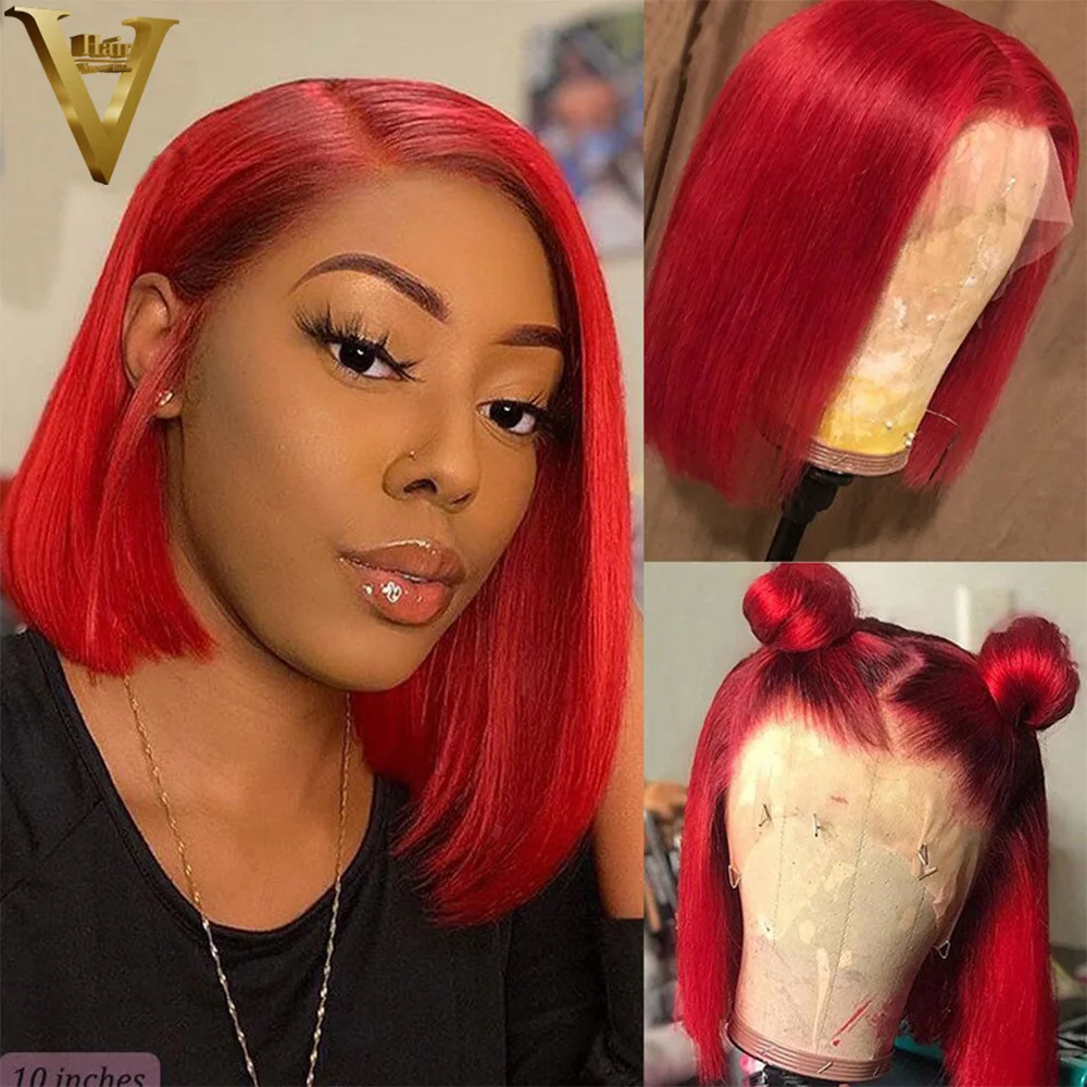 Red Straight Lace Frontal Bob Wigs Remy Pre Plucked Hairline Brazilian Human Hair Short Wigs Hd Transparent Wig For Black Women