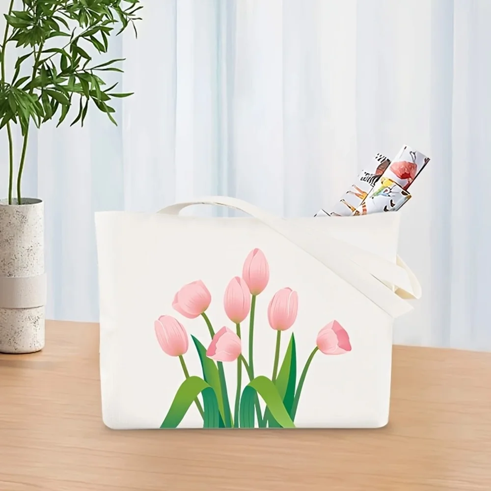 1Pcs Tulip Print Canvas Tote Bag Women Shoulder Handbag Reusable Shopping Bag for Daily Casual Gift Girlfriend