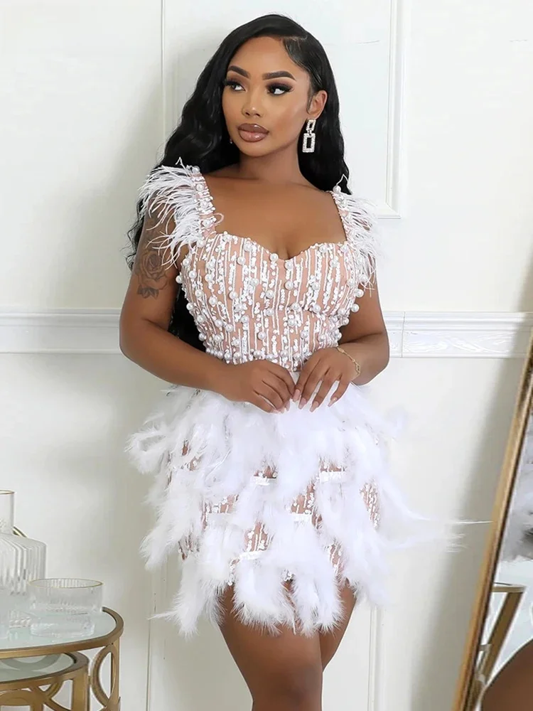 Nowa elegancka luksusowa perłowa sukienka z piórami Bodycon Midi sukienka seksowna impreza w klubie nocnym gość weselny wieczór kobiety odzież urodzinowa — zdjęcie 2