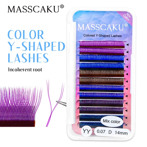 MASSCAKU-pestañas coloridas YY, 12 filas, volumen ruso prehecho, abanicos Y diseño de doble punta C/D, rizo, extensiones de pestañas postizas, maquillaje