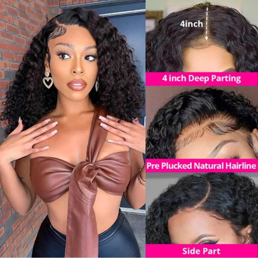100% Human Hair Deep Curly Bob Wigs Virgin Human Hair 13x4 Lace Frontal Wigs Deep Wave Human Hair 4x4 Lace Wigs Natural Black Color Curly Short Hair Wigs For Women view 4