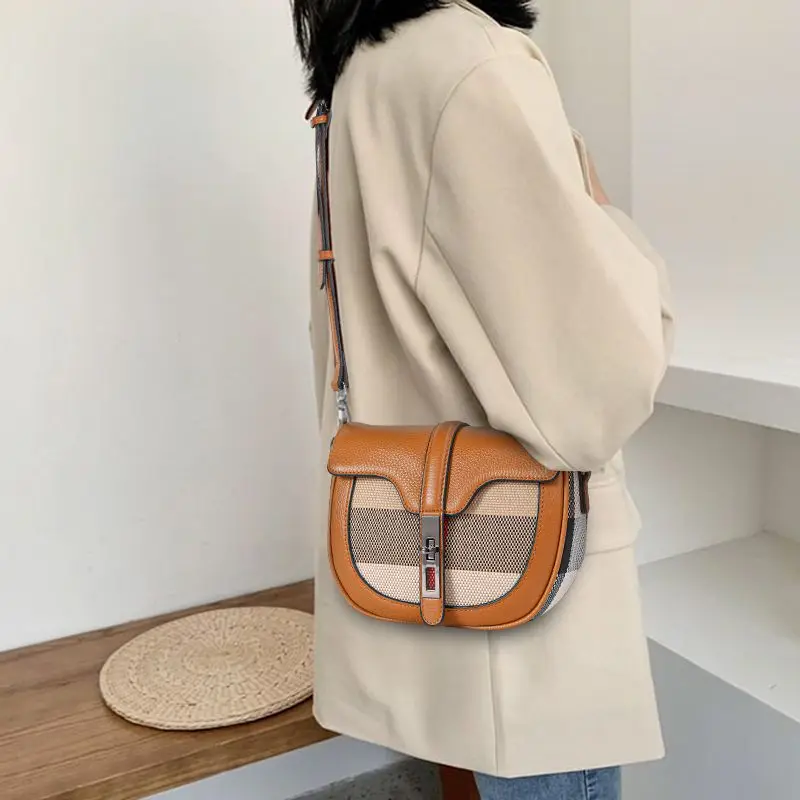 

Aidrani 2024women's fashion check genuine leather bag，canvas patchwork cowhide single shoulder crossbody bag