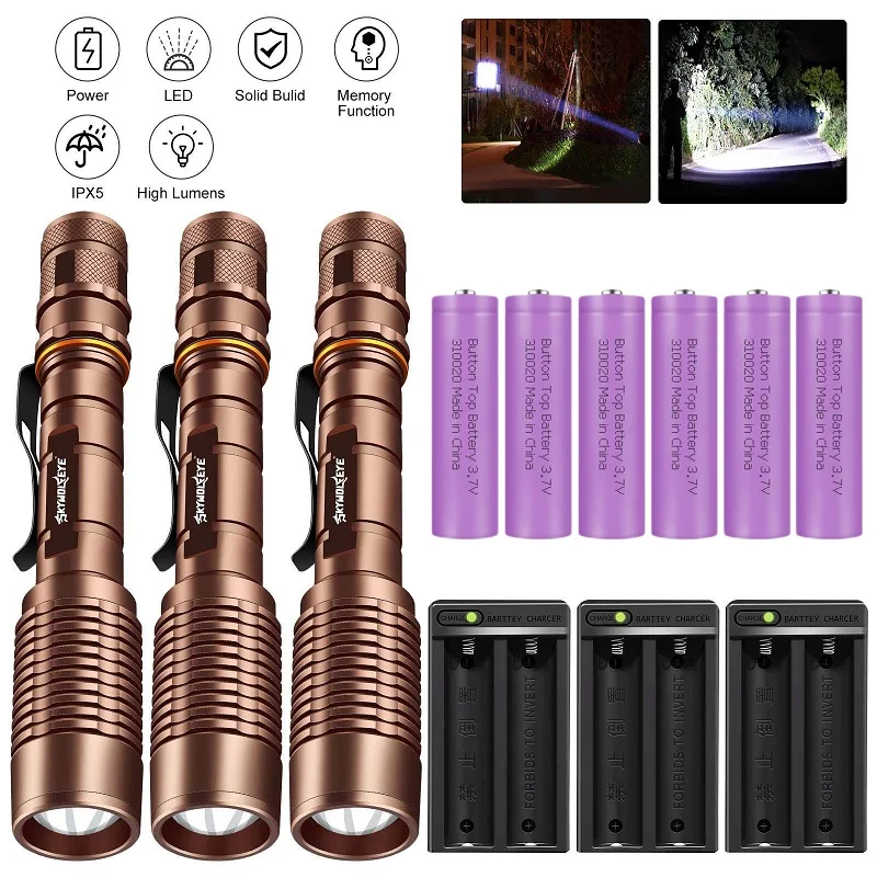 Portable Led Flaslight Zoomable 5 Light Mode Waterproof Torch 2 Slot Battery Charger for Hiking Camping Cycling Outdoor Fishing