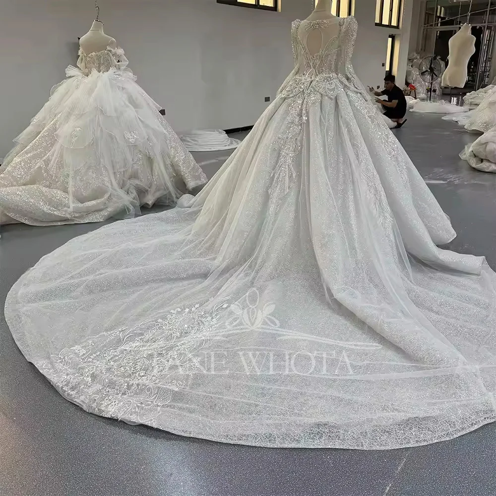 Brautkleid Hochzeit 長袖恋人光沢のあるグリッターのウェディングドレスビーズクリスタルボールガウンレースロングブライダルドレス