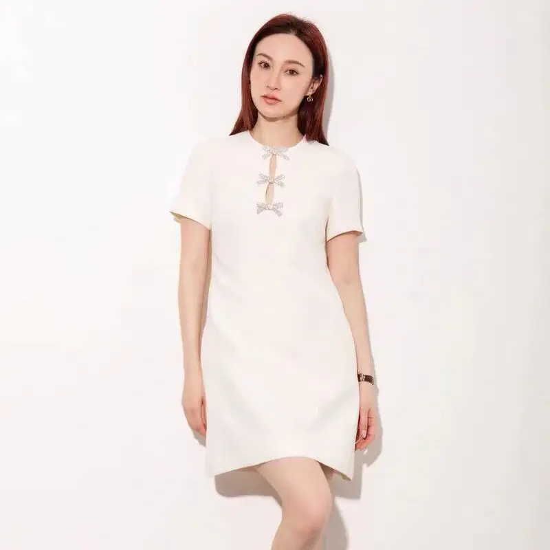 

Elegant Crystals Bow Decorated Short Sleeve Mini Dress