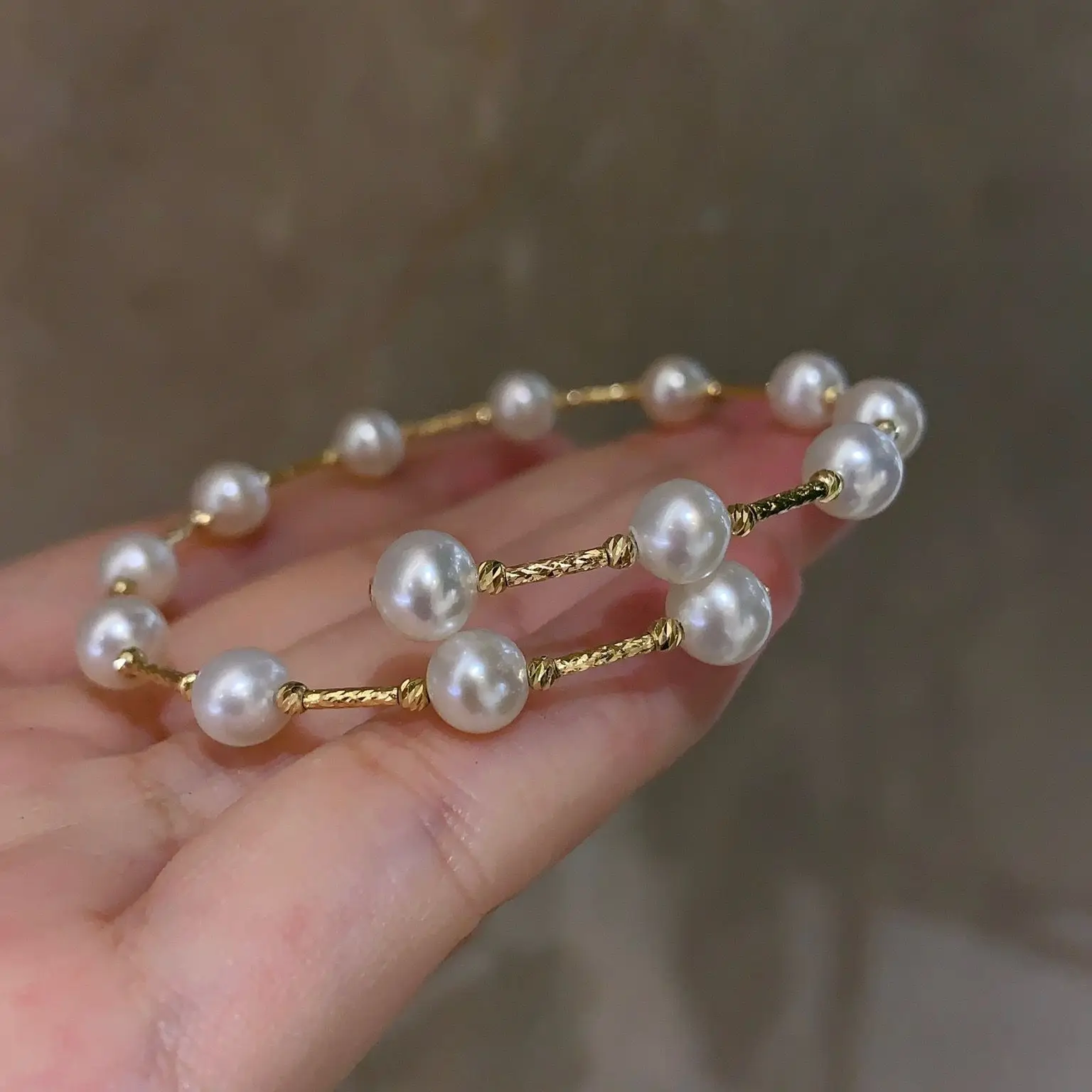 MADALENA SARARA 6-7mm Freshwater Pearl Women Bracelet Perfectly Round White Bead With 18K Yellow Gold Accessories