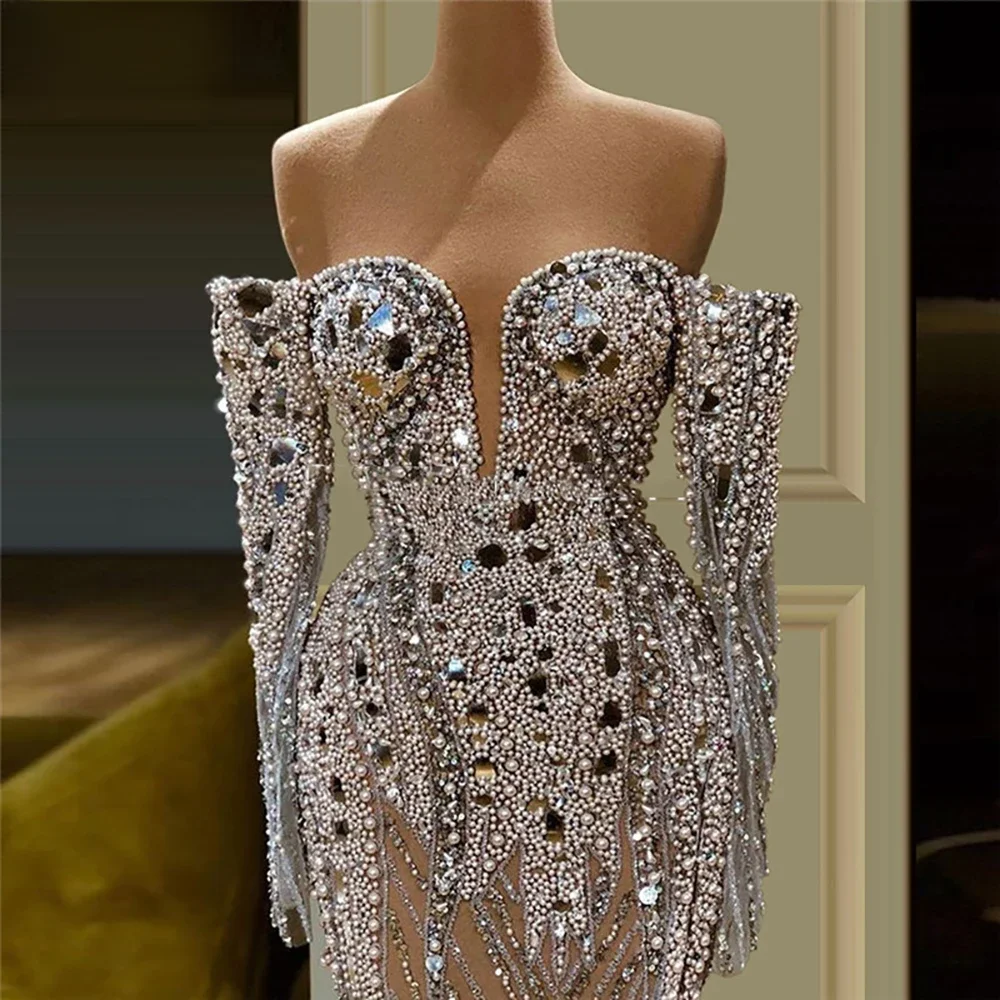 Off Shoulder Full Beaded Evening Dress Handmade Pearls Crystals Saudi Arabia Party Dresses See Through Prom Dress Robe De Soiree — zdjęcie 2