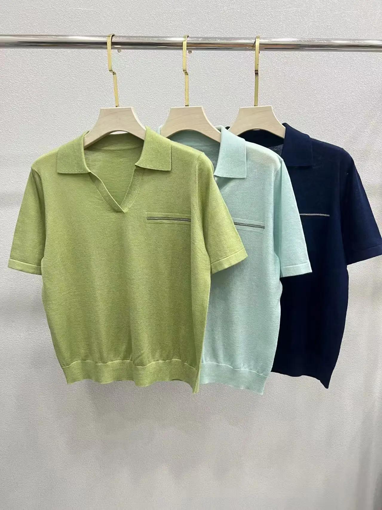 

Summer elegant casual silk wool polo shirt