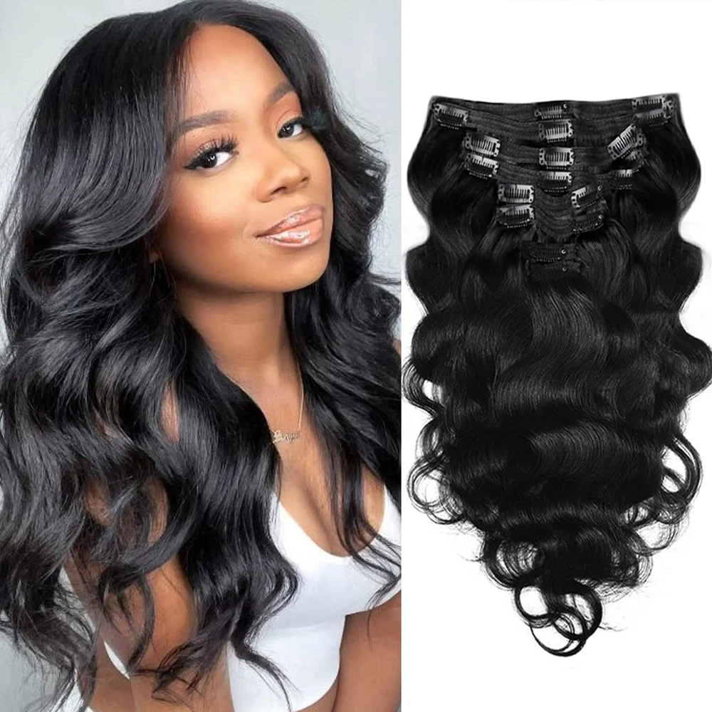 

Бесшовные заколки для наращивания волос, объемная волна, 100% человеческие волосы, заколки для черных волос, бразильские настоящие человеческие волосы, 16-26 дюймов