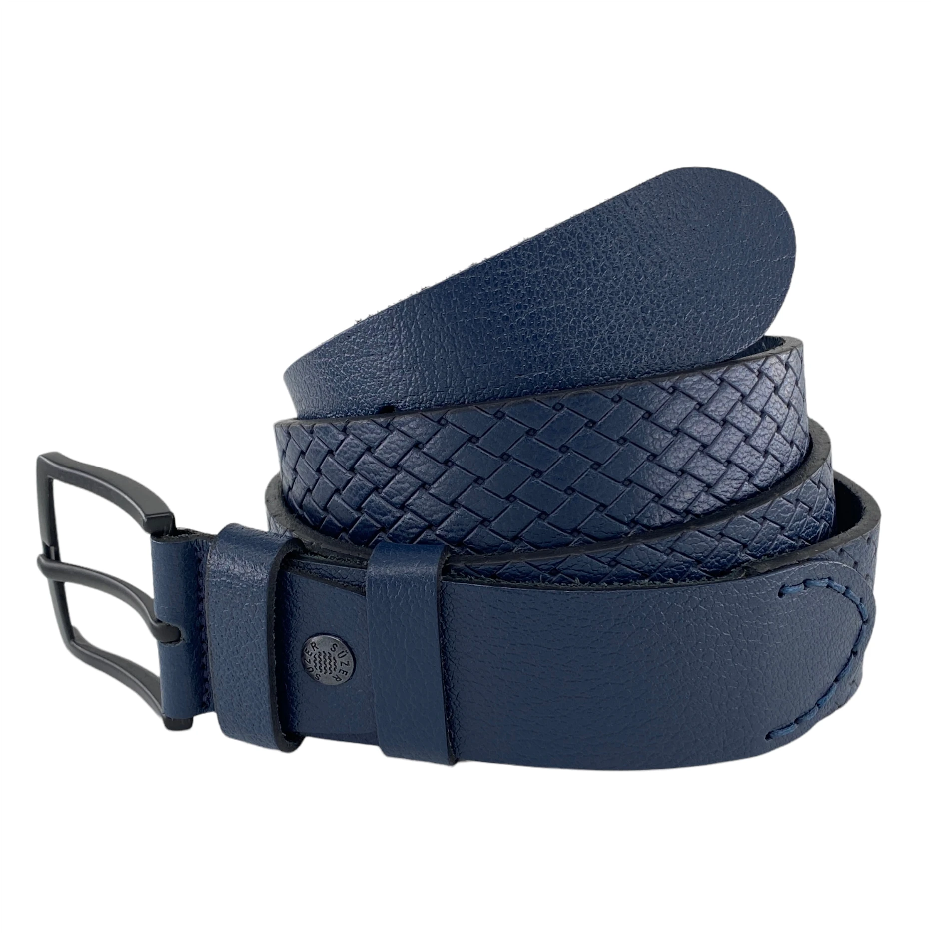 Genuine Real Leather Sports Men \'S Belt Special Production Handwork Denim Jeans Pants Waist Belt Casual Clothing 4 Cm Width navy blue