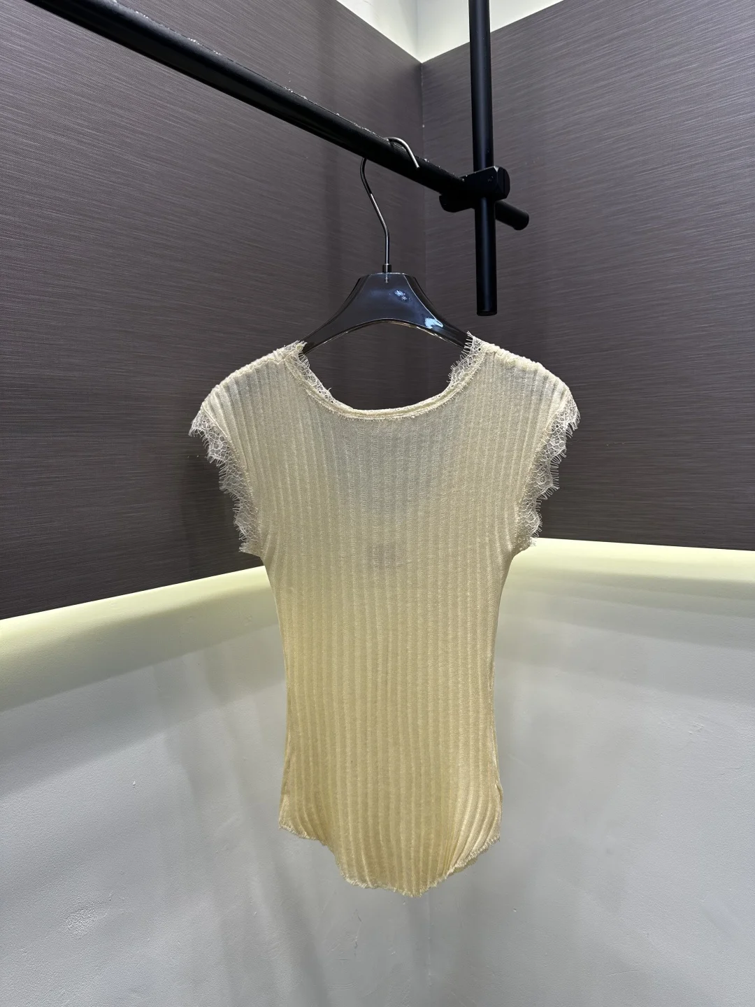 

2026 Summer Women's Lace Trim Ribbed Knit Top Curved Hem Slim Fit Sheer Tee ZX099