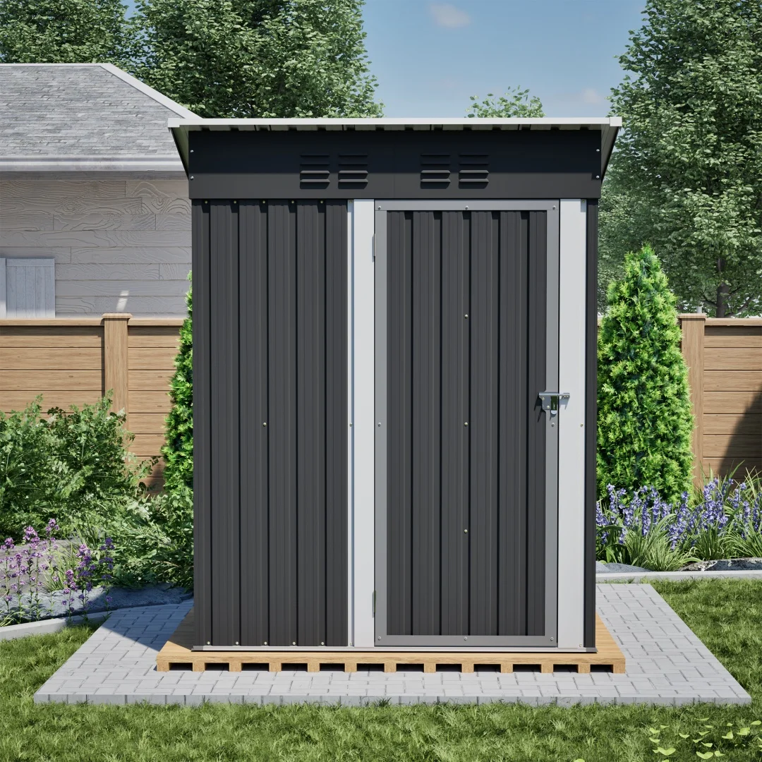 5x3ft Zwarte Metalen Gereedschapsschuur met Plat Dak, Zonder Ramen, Weerbestendige Opslagkast met Afsluitbare Metalen Deur, 1,27 m² Opslagruimte