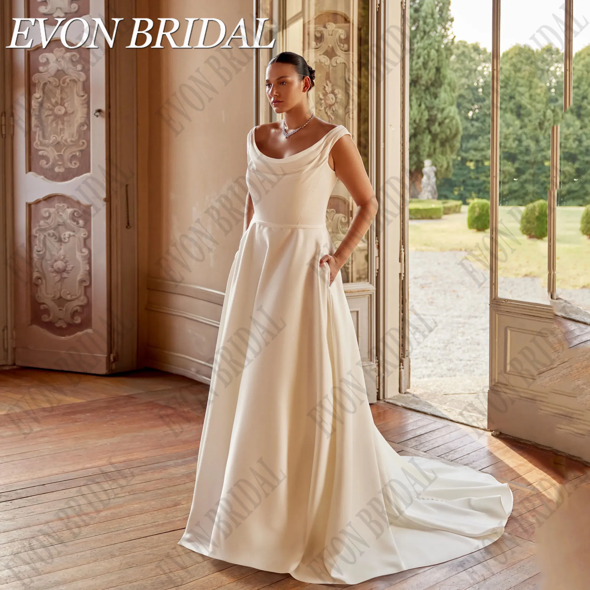 

EVON BRIDAL Satin Ivory Wedding Dress Plus Size Women Scoop Neck A-line Pocket vestidos de novia de talla grande Customized