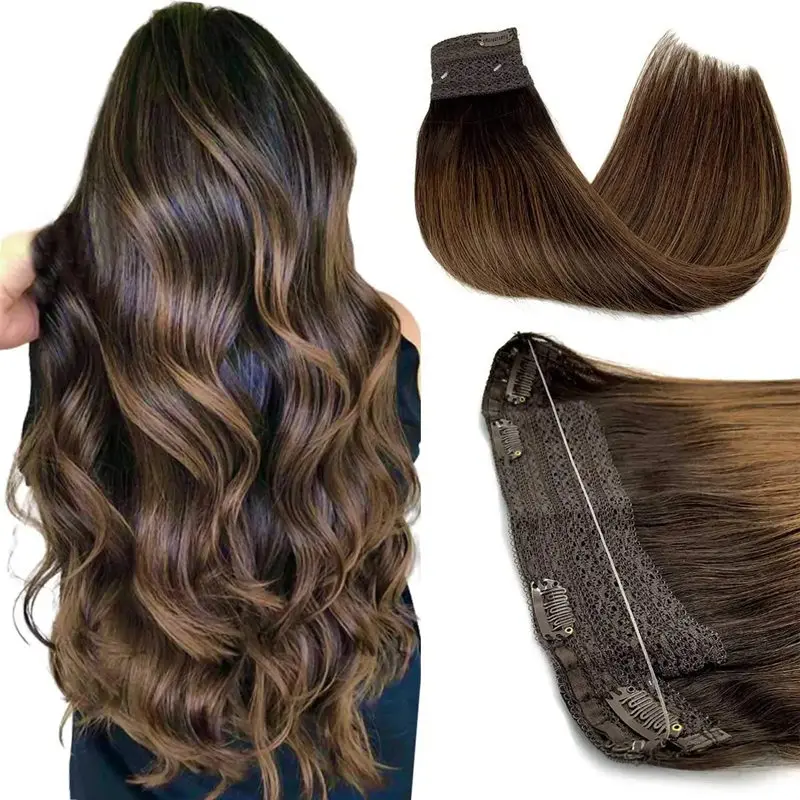 Wire Hair Extensions Real Human Hair Balayage Dark Brown to Chestnut Brown Invisible Transparent Remy Fish Line Hair Extensions