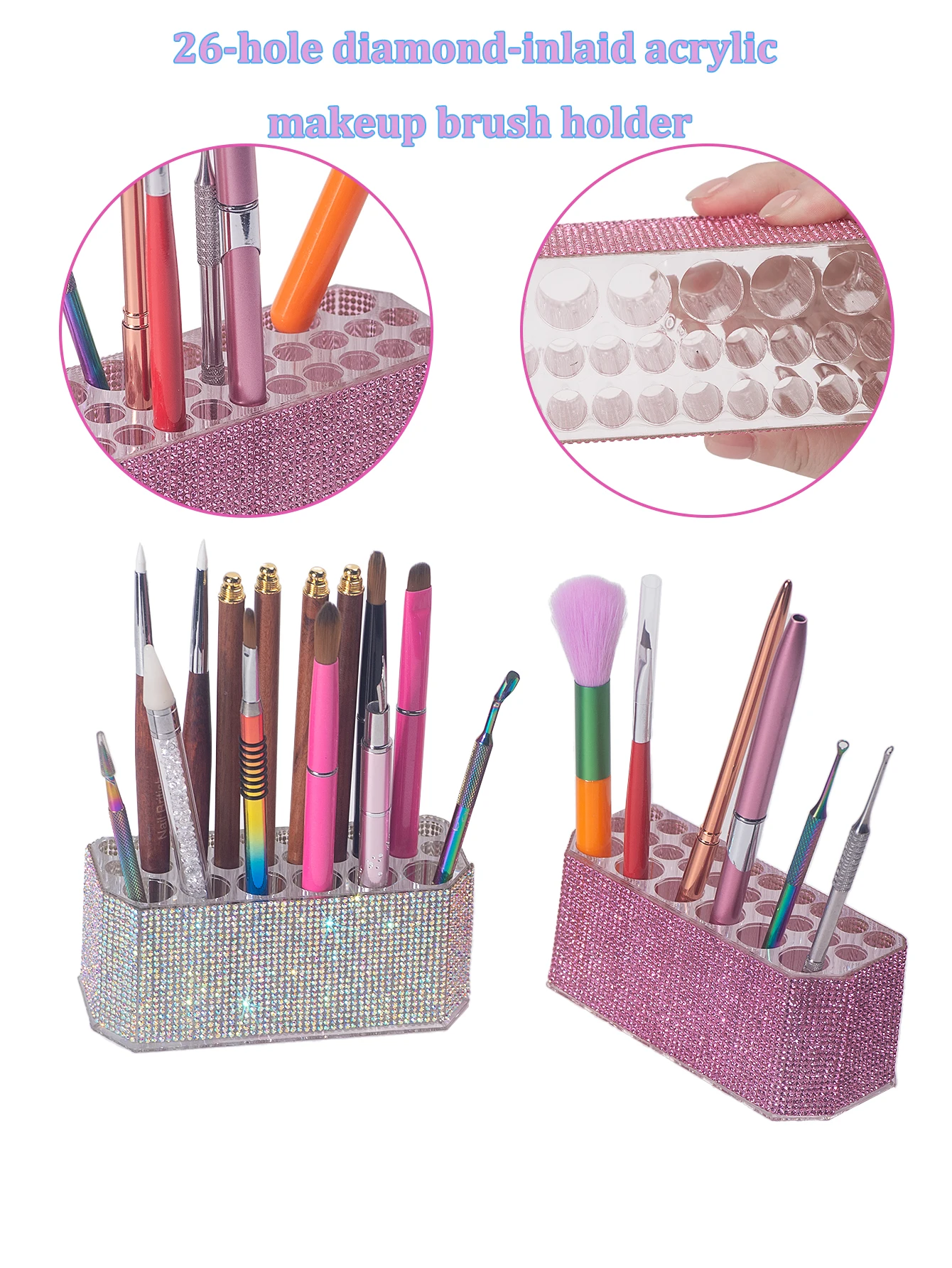 Boîte de rangement pour stylos, outils de Nail Art à 26 trous, porte-brosse de maquillage en acrylique incrusté de diamants, organisateur de cosmétiques en strass scintillants