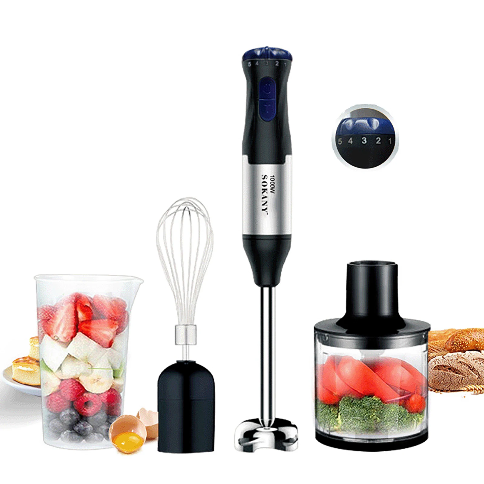 Image of 4-in-1 Stabmixer, elektrischer Handmixer mit Schneebesen und Zerkleinerer für Babynahrung, Smoothies, Pürees, Küche