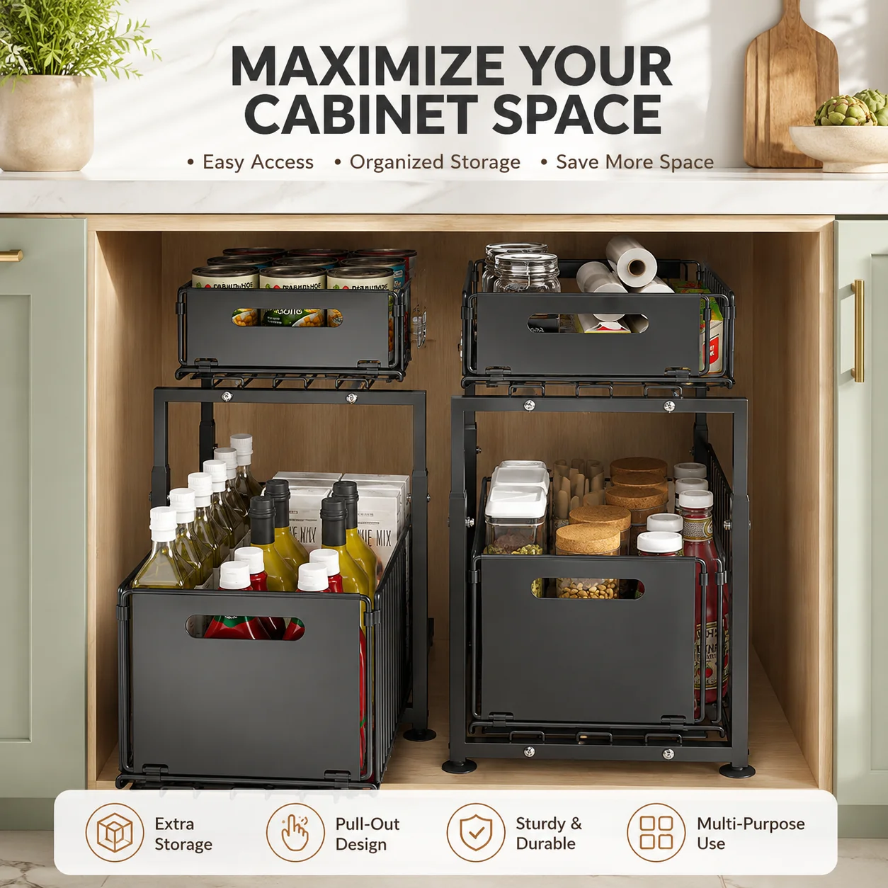 2 Tier Pull Out Cabinet Organizer, 4 Sliding Storage Bins with Metal Frame, Kitchen Pantry Storage Rack for Cabinets, Countertop & Home Organization