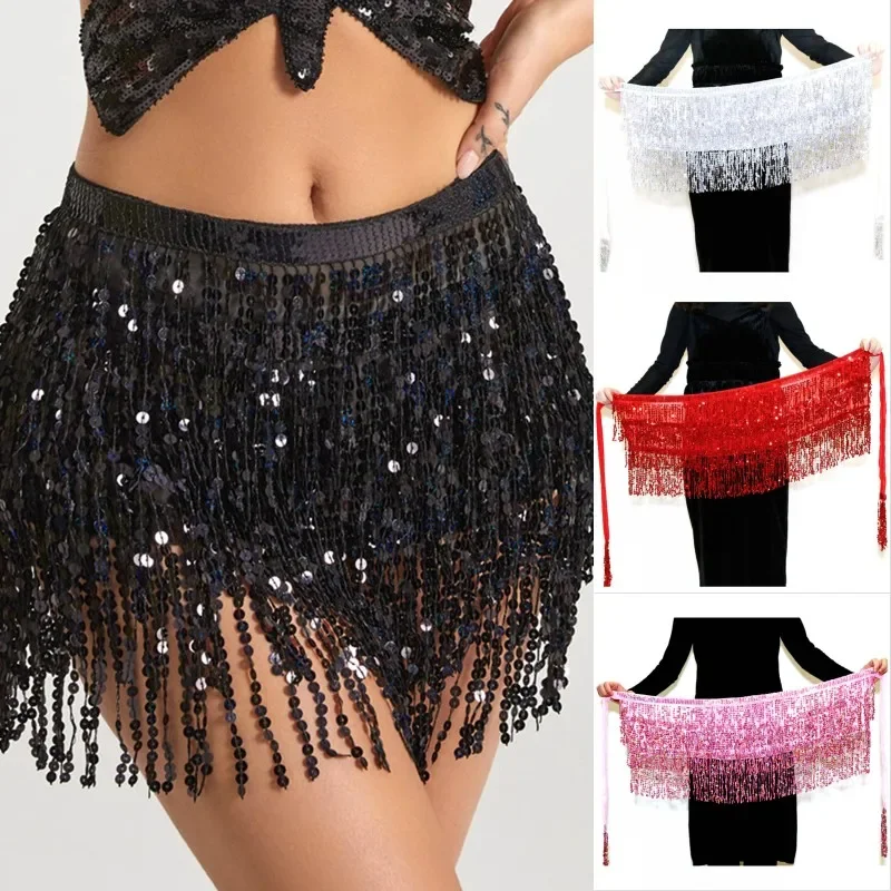 Taniec brzucha Warstwa Cekiny Spódnica Frędzle Łańcuch Pasy Wrap Party Club Indian Latin Hula Dancer Dress Performance Hip Waist Scarf — zdjęcie 2