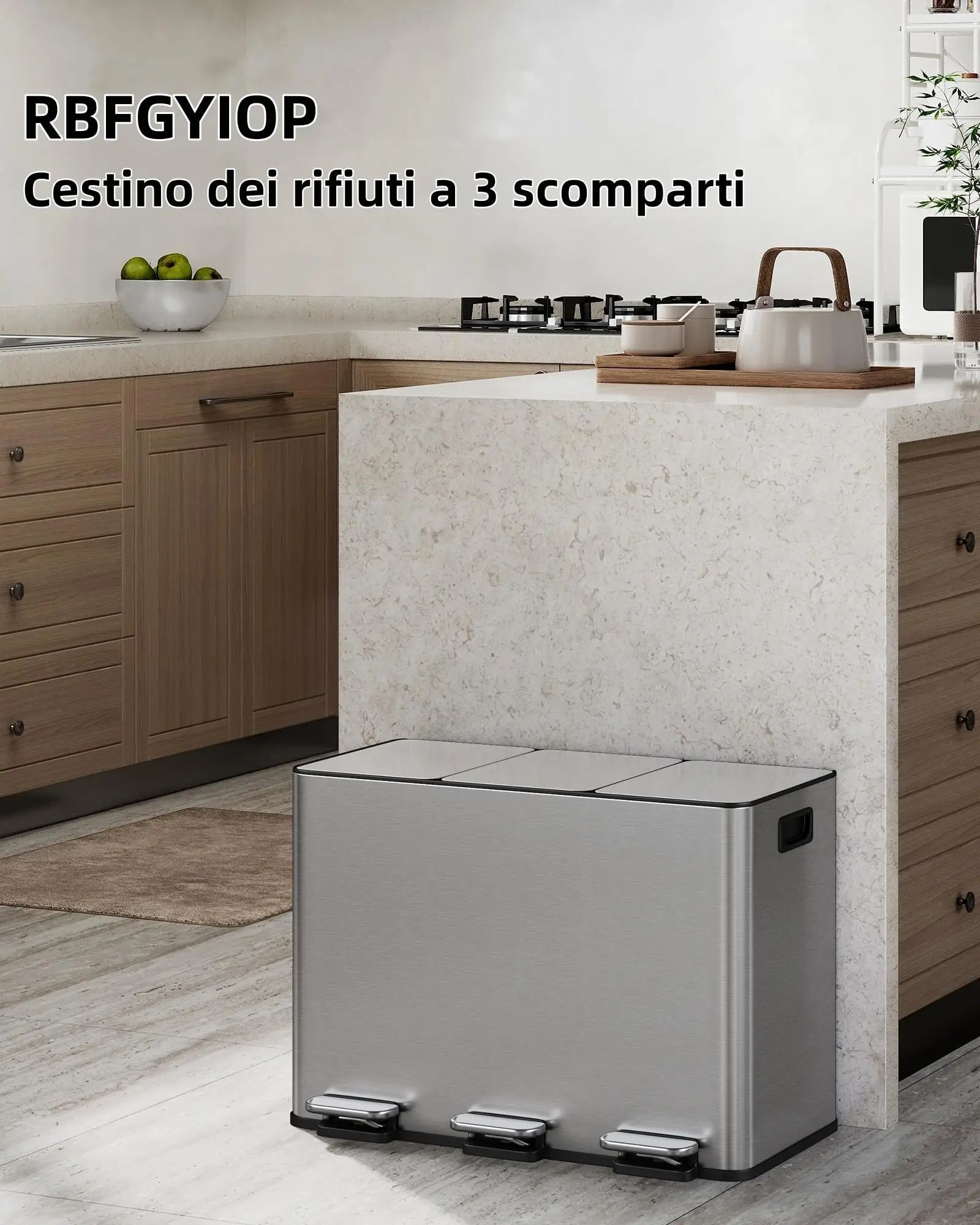 3 poubelles métalliques de 15 litres avec pédales pour la tri sélectif, adaptées à un usage domestique et commercial, bacs séparés pour un tri efficace, design peu encombrant