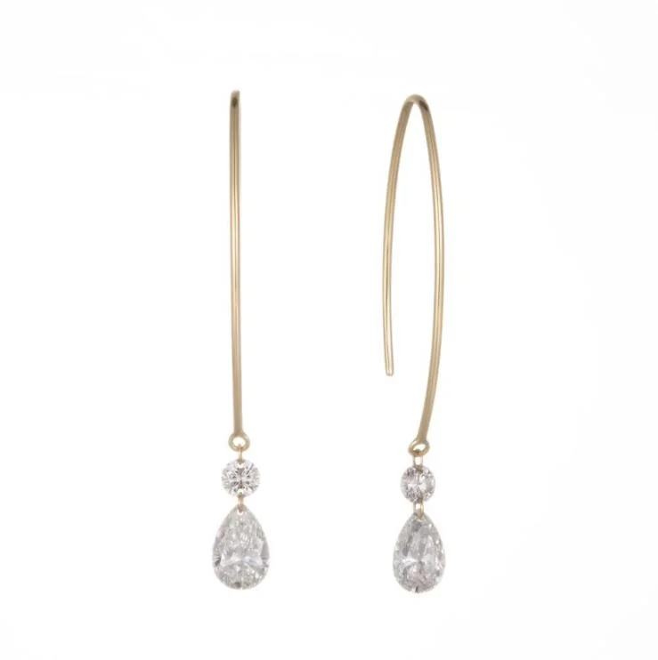 14K Gold 0.77g Round & Pear brilliant cut long wire hook drop dangle earrings Lab Grown Diamond CVD NGTC Certified  Wholesale